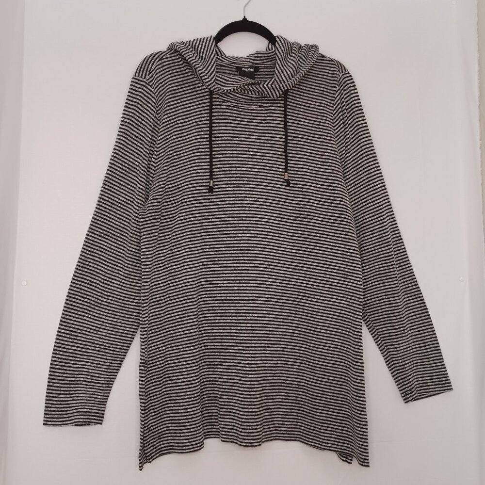 Women's Premise Black N‎ White Striped Drawstring Hoodie with Side Slits Size XL